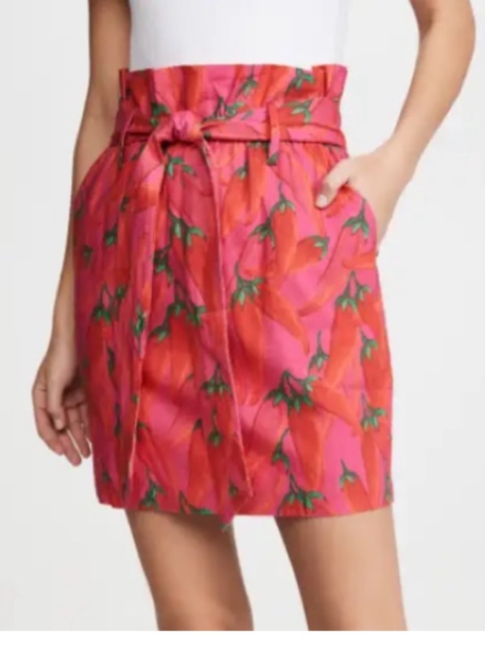 Farm Rio Red Pepper Mini Skirt XS Red Linen Blend Paper Bag Waist Tie Pockets